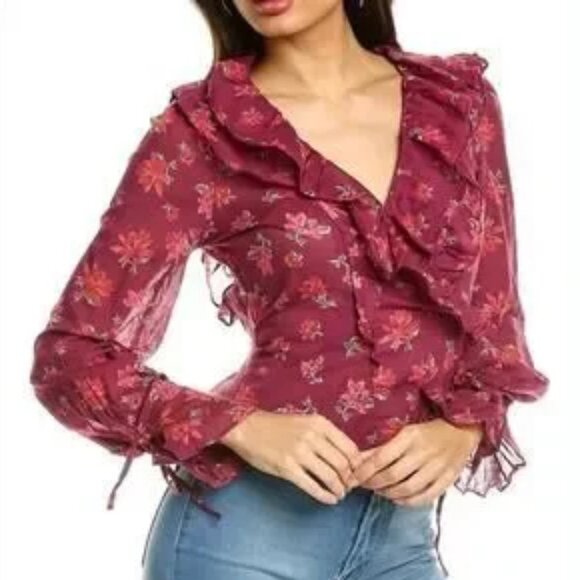 Maroon Free People Amanda Ruffle Floral Wrap Long Sleeve Top in Sultry Combo - Picture 3 of 16